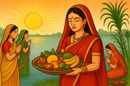Chhath Puja 2025 celebrations with lights and flowers at river ghats | devotees offering Arghya to Surya Dev at riverbank