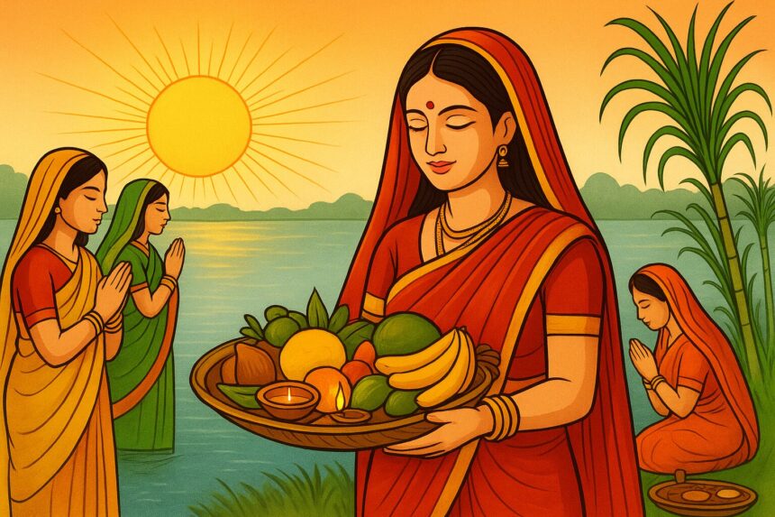 Chhath Puja 2025 celebrations with lights and flowers at river ghats | devotees offering Arghya to Surya Dev at riverbank