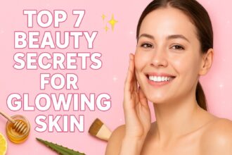 Smiling woman with glowing skin and text saying Top 7 Beauty Secrets for Glowing Skin on a pink background with honey, aloe vera, and brush.