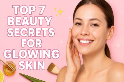 Smiling woman with glowing skin and text saying Top 7 Beauty Secrets for Glowing Skin on a pink background with honey, aloe vera, and brush.