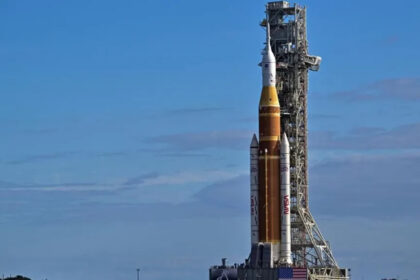 The Space Launch System (SLS) rocket that will fly the Artemis II mission to the Moon