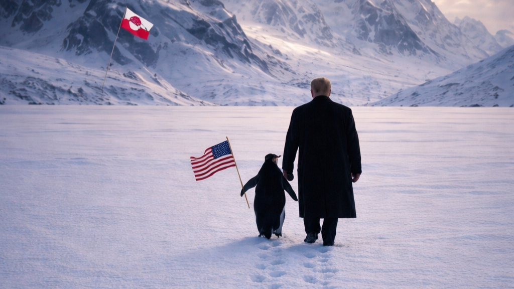 Donald Trump walking with penguin in White House Greenland image