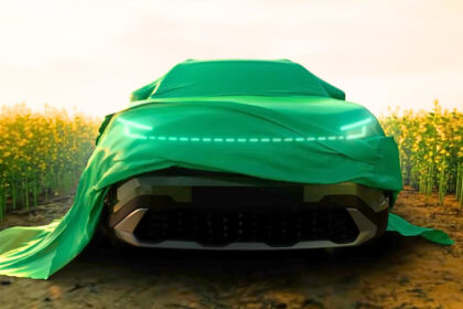 Skoda Kushaq facelift showing new front LED lights and alloy wheels