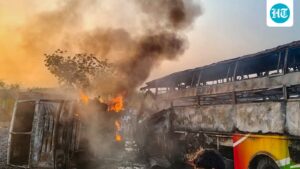 14-people-were-killed-and-27-others-injured-when-a-bus-collided-with-a-dumper-truck-in-andhra-state,-causing-a-fire.