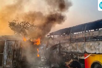 14-people-were-killed-and-27-others-injured-when-a-bus-collided-with-a-dumper-truck-in-andhra-state,-causing-a-fire.