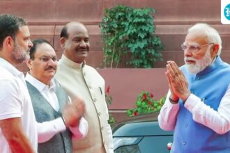 prime-minister-modi-gets-out-of-the-car-and-stops-for-a-conversation-with-rahul-gandhi-in-the-parliament-building-|-he-watches