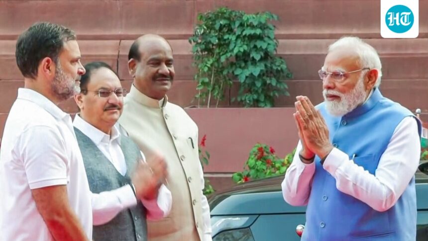 prime-minister-modi-gets-out-of-the-car-and-stops-for-a-conversation-with-rahul-gandhi-in-the-parliament-building-|-he-watches