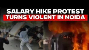 factory-workers-protest-against-wage-hike-in-phase-2-in-noida,-sector-60;-setting-fire-to-government-vehicles