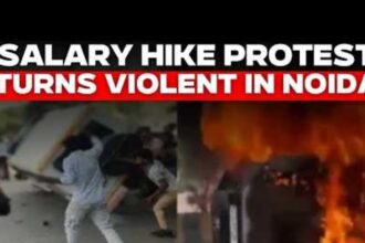 factory-workers-protest-against-wage-hike-in-phase-2-in-noida,-sector-60;-setting-fire-to-government-vehicles