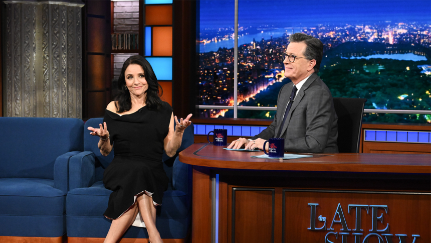 stephen-colbert-kisses-pedro-pascal-and-julia-louis-dreyfus-on-the-late-show-a-day-after-hugging-jimmy-fallon