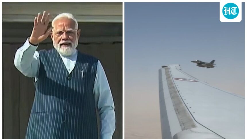 prime-minister-modi’s-plane-accompanied-by-f-16-fighter-jets-in-uae-airspace;-bharatiya-janata-party-stocks-clip-|-he-watches