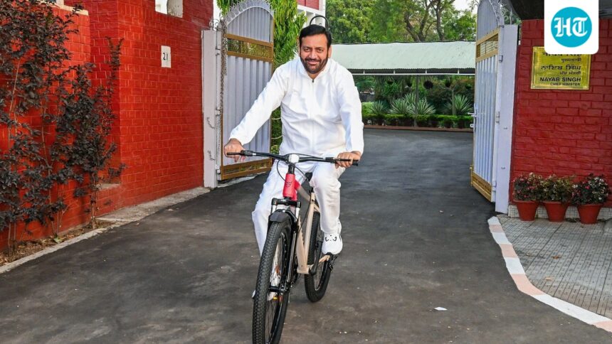haryana-cm-bike-rides-to-sukhna-lake-from-official-residence;-he-urges-the-public-to-save-fuel