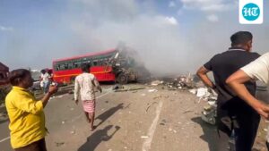 at-least-seven-people-were-killed-and-40-others-injured-when-two-maharashtra-run-buses-collided-near-surat;-one-is-on-fire