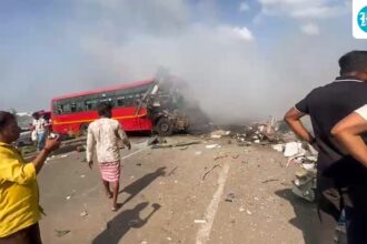 at-least-seven-people-were-killed-and-40-others-injured-when-two-maharashtra-run-buses-collided-near-surat;-one-is-on-fire