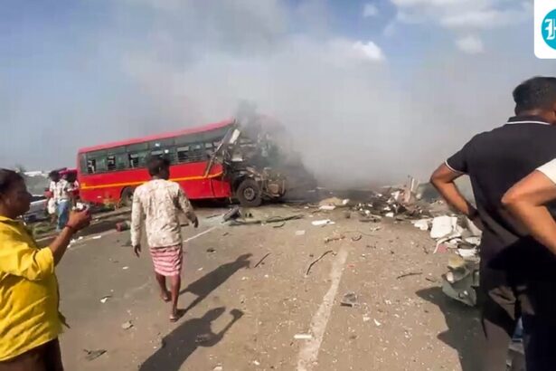 at-least-seven-people-were-killed-and-40-others-injured-when-two-maharashtra-run-buses-collided-near-surat;-one-is-on-fire