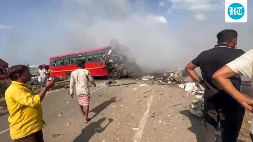 at-least-seven-people-were-killed-and-40-others-injured-when-two-maharashtra-run-buses-collided-near-surat;-one-is-on-fire