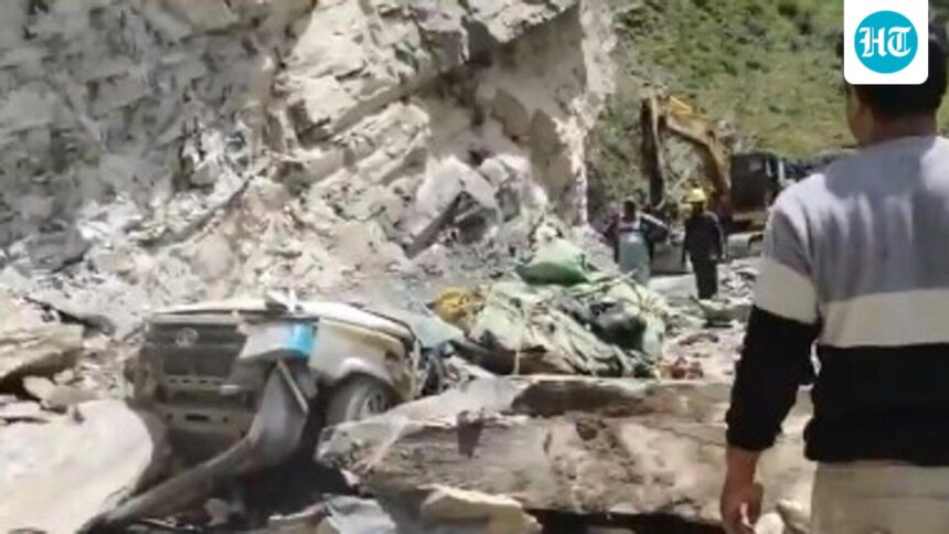 a-huge-rock-crushes-a-car-in-himachal-pradesh,-killing-13-people,-including-an-infant