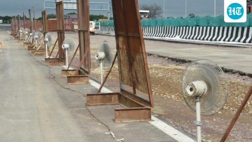pedestal-fans-used-to-dry-₹4,200-cr-lucknow-kanpur-expressway-repair
