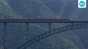watch:-vande-bharat-express-clocks-nearly-100km/h-on-world’s-highest-chenab-rail-bridge-in-j&k