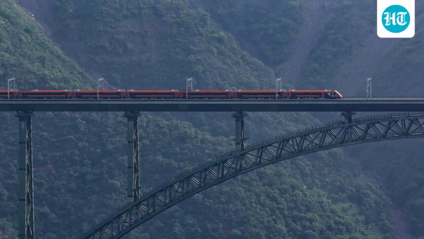 watch:-vande-bharat-express-clocks-nearly-100km/h-on-world’s-highest-chenab-rail-bridge-in-j&k