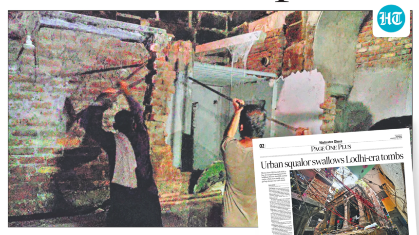 after-ht-report,-delhi-civic-body-begins-removing-illegal-structures-at-encroached-zamrudpur-monuments