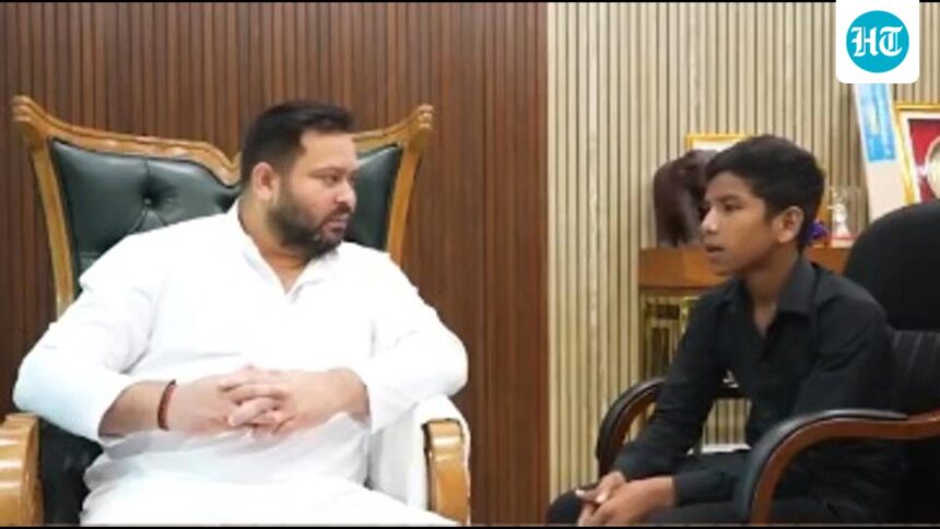 tejashwi-meets-boy-allegedly-assaulted-over-pm-birthday-video;-bjp-denies-claim