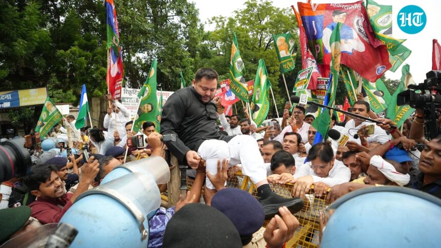 high-drama-in-bihar:-rjd’s-tejashwi-yadav,-others-detained-during-opposition’s-march-against-cec-gyanesh-kumar